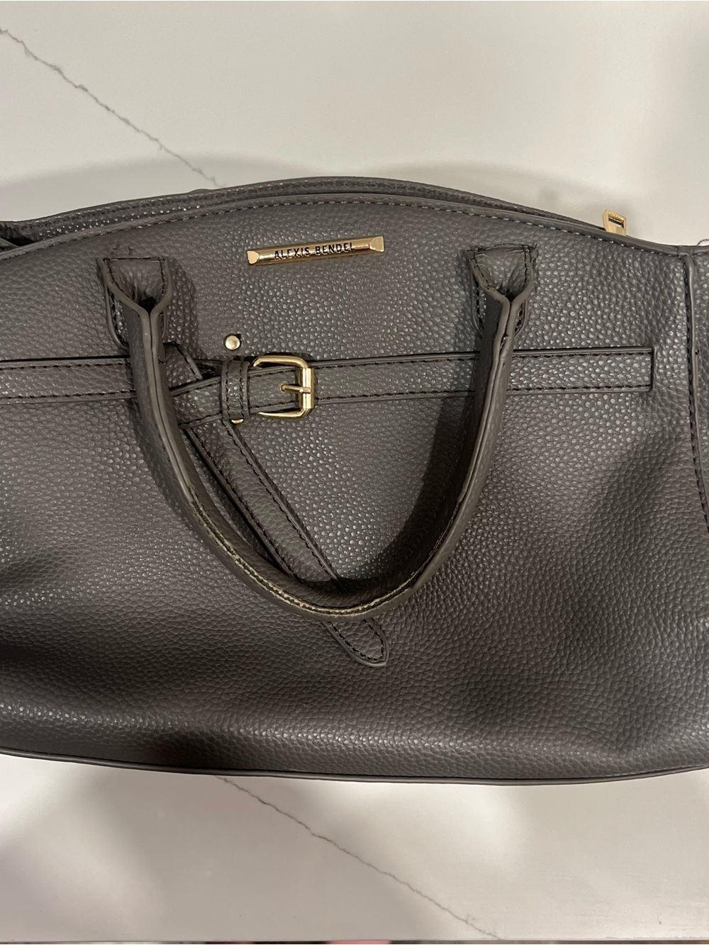 Grey Pebbled Leather Tote Bag with Gold Accents
